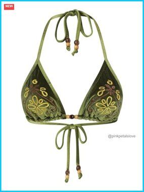 Halter Bikini Top Triangle Beaded Embroidered Boho Velvet Swimwear Bathing Suit